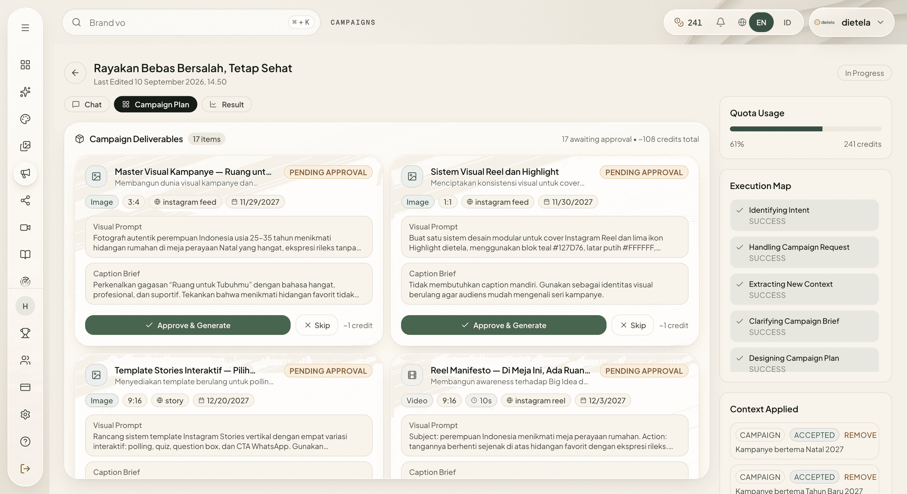 Real Mosea campaign plan showing deliverables awaiting approval and an execution map