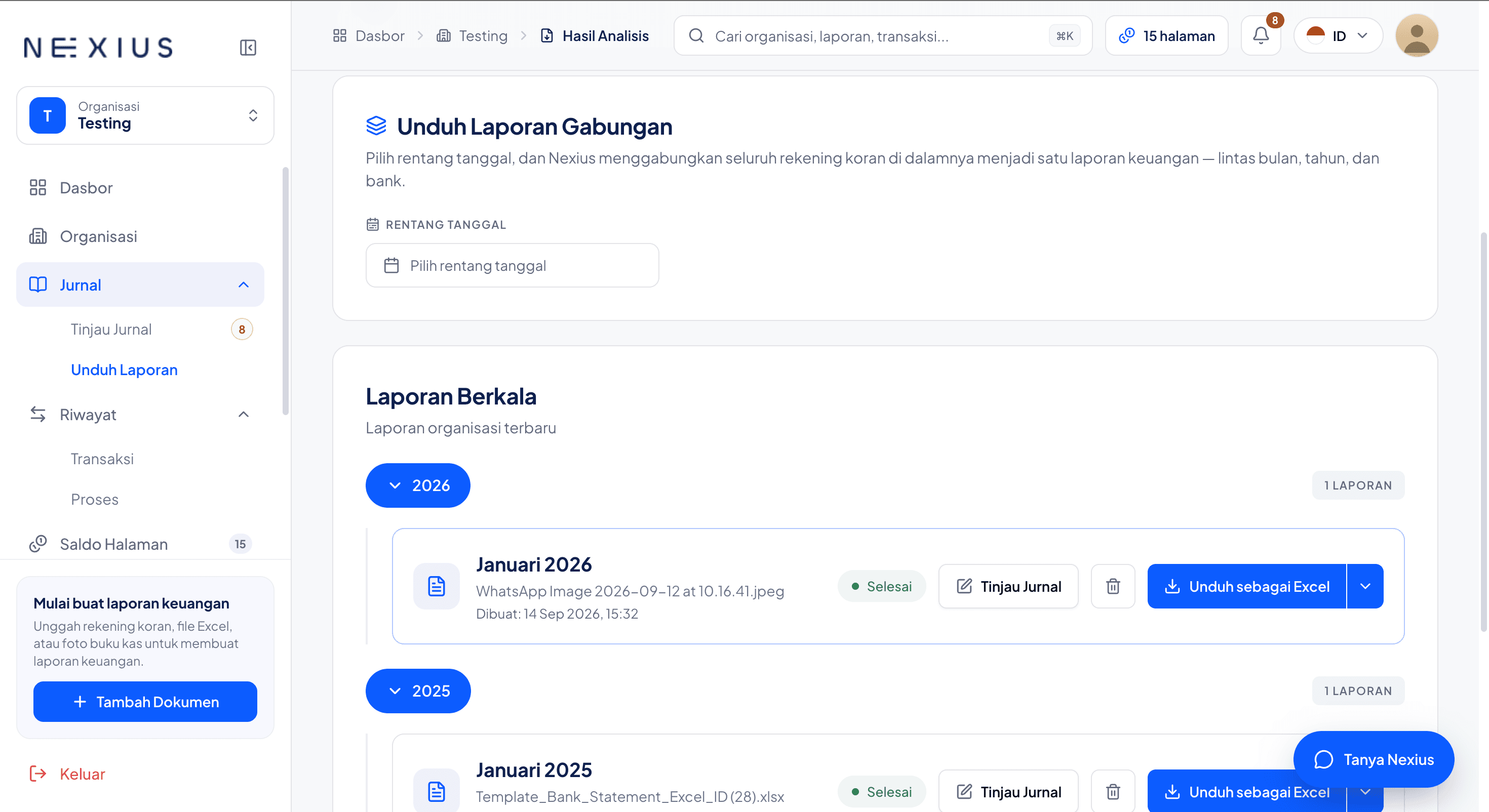 Real Nexius report library showing completed financial reports ready to download